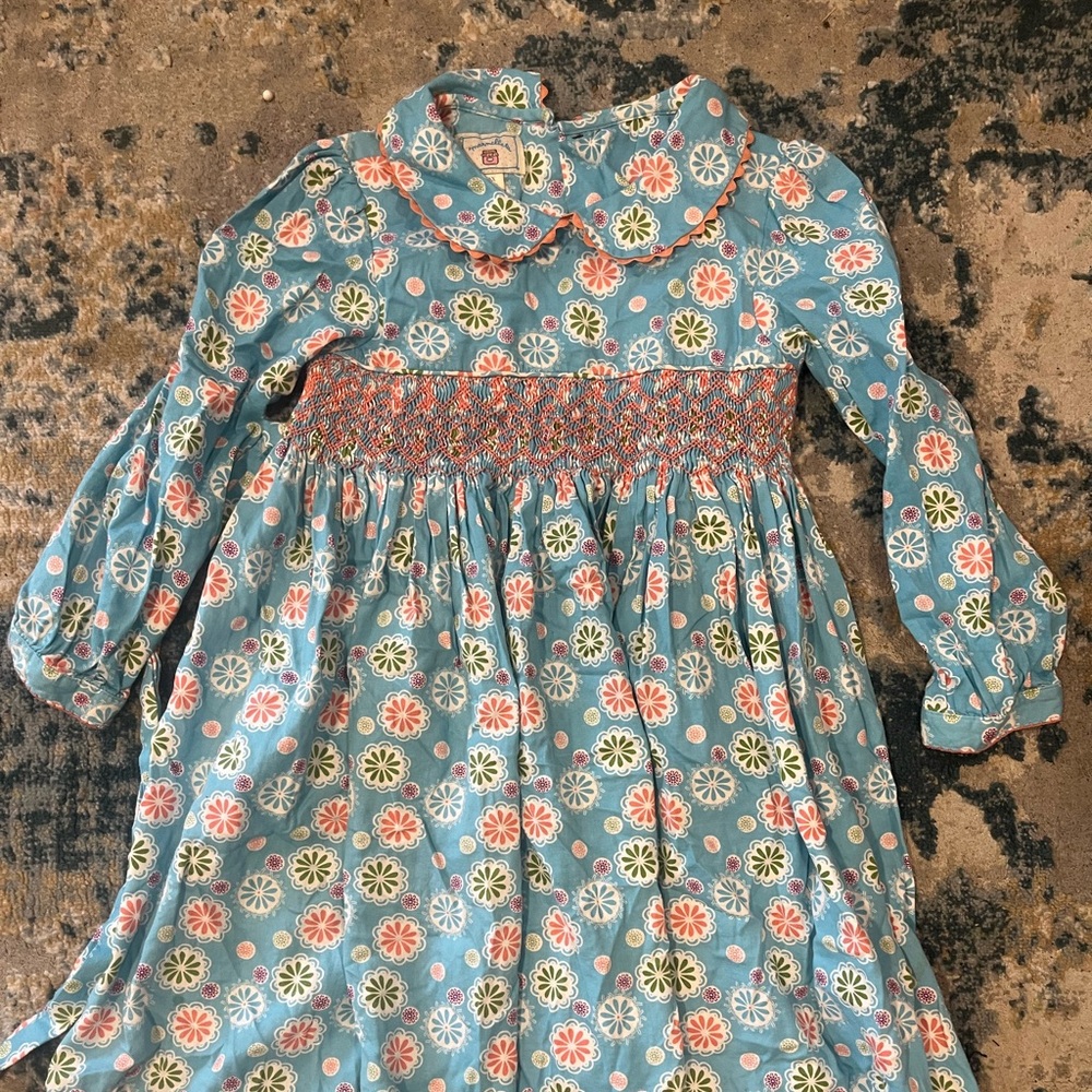 Marmellata Blue and Orange Smocked Dress with Bishop Sleeves